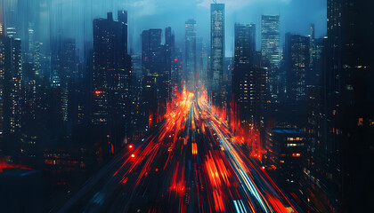 Fototapeta premium A bustling city at night, with skyscrapers illuminated and traffic creating streaks of light