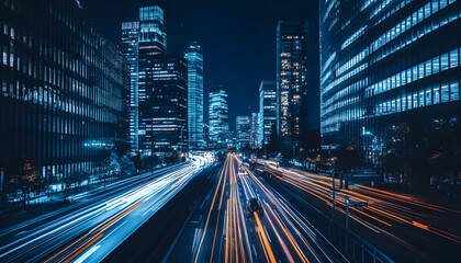 Obraz premium A bustling city at night, with skyscrapers illuminated and traffic creating streaks of light