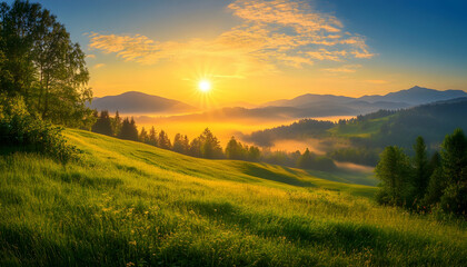 A scenic sunrise over a grassy hillside with a panoramic view of mountains and fog.