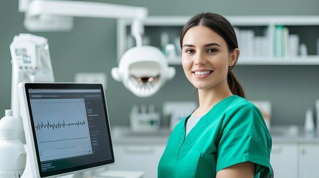 Healthcare worker at a computer station in a spacious doctor office