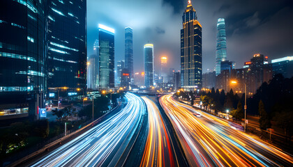 Naklejka premium A bustling city at night, with skyscrapers illuminated and traffic creating streaks of light
