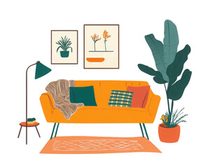 Vibrant living room design featuring an orange sofa, artwork, and greenery, perfect for modern home decor inspiration. transparent background
