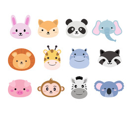 An adorable collection of animal head mascot illustrations, for kids' products, logo designs, stickers, and character-based projects