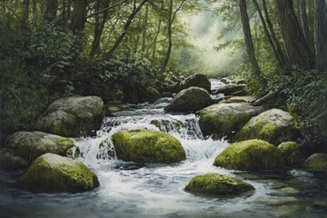 Smoky Mountain stream with mossy rocks with generative ai
