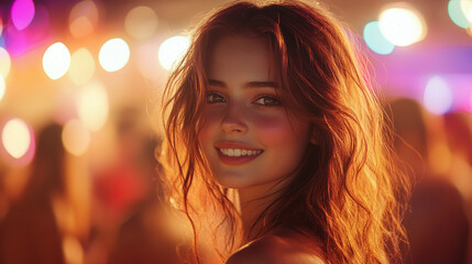 woman with a slender figure smiles joyfully, embracing the vibrant energy of a festival. Her carefree expression and confident presence symbolize freedom, beauty, and self-assurance in celebration