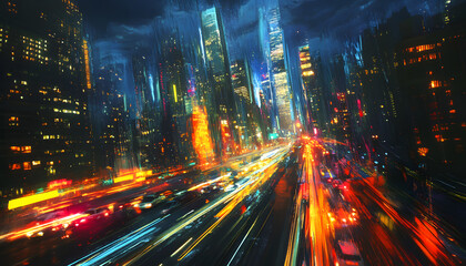 Obraz premium A bustling city at night, with skyscrapers illuminated and traffic creating streaks of light