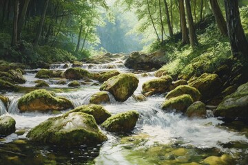 Obraz premium Smoky Mountain stream with mossy rocks with generative ai