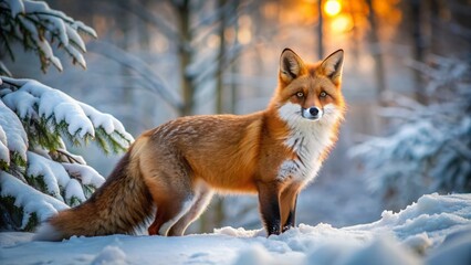 Fototapeta premium A beautiful, solitary red fox with vibrant orange fur and bushy tail, standing upright on a snowy, winter forest floor, amidst frosty silence.