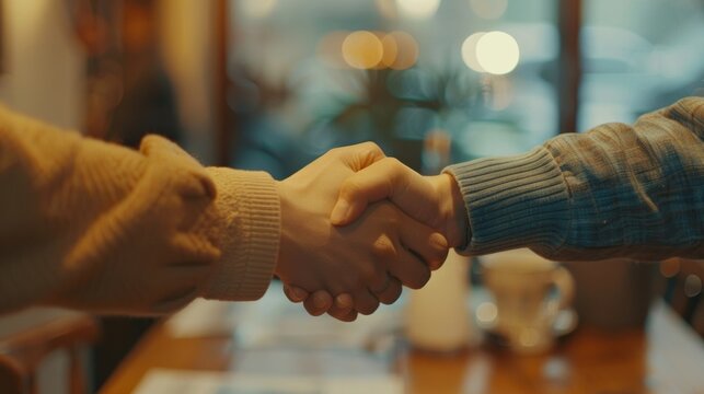 A warm handshake between two people signifies trust and agreement in a cozy cafe environment. Connection is key in relationships.