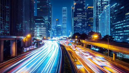 Naklejka premium A bustling city at night, with skyscrapers illuminated and traffic creating streaks of light