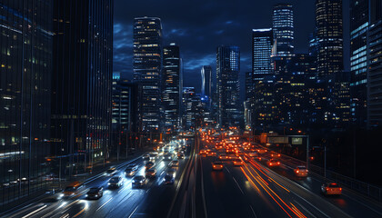 Obraz premium A bustling city at night, with skyscrapers illuminated and traffic creating streaks of light