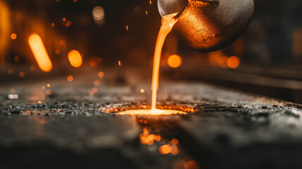 Foundry worker pouring molten metal into mold, capturing intense heat and precision of metalworking process with glowing liquid metal contrasting against dark industrial background.