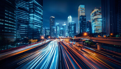 Obraz premium A bustling city at night, with skyscrapers illuminated and traffic creating streaks of light