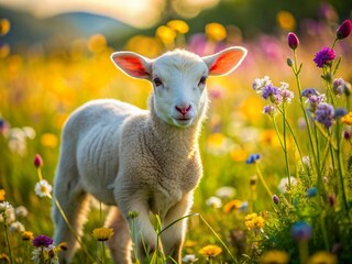 Obraz premium A sweet lamb grazes peacefully amidst a vibrant tapestry of colorful wildflowers swaying gently in the breeze on a serene sunny meadow afternoon.