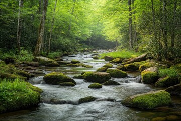 Obraz premium Smoky Mountain stream with mossy rocks with generative ai