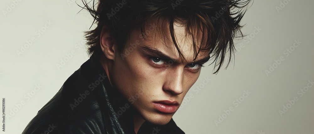 Wall mural portrait of a young man with intense expression wearing a leather jacket.