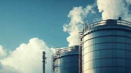 Gasoline tanks in a refinery, with copy space for fuel industry-related text.