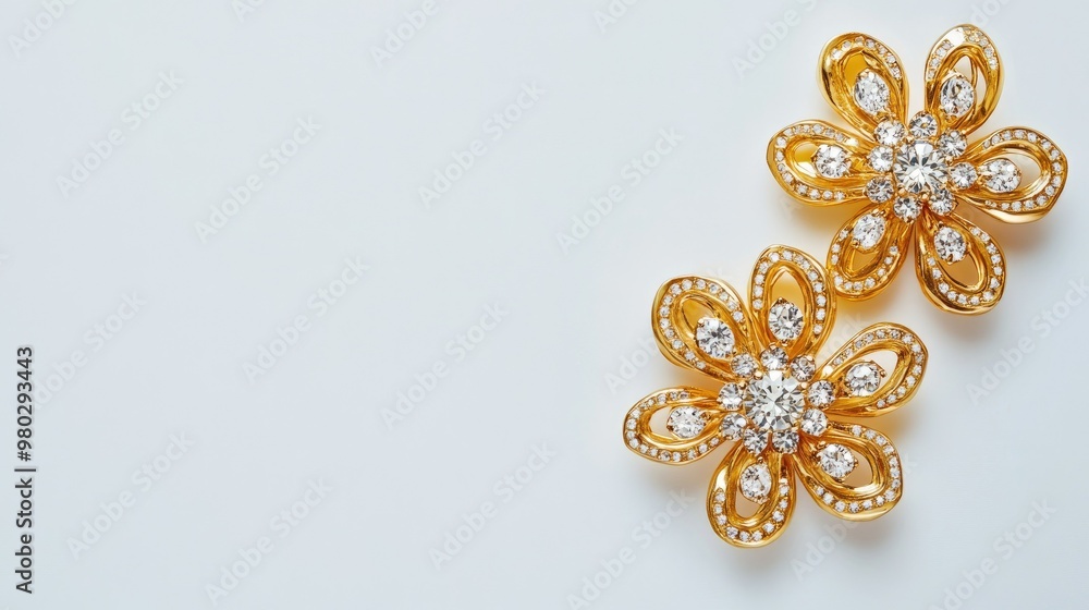 Poster golden earrings with diamonds displayed on a white background with ample space for text.