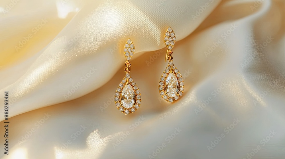 Poster golden earrings with diamonds displayed on a white background with ample space for text.