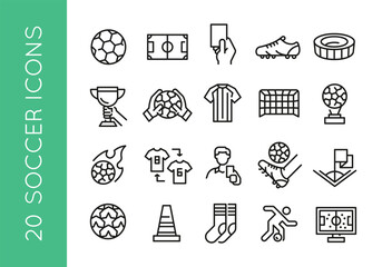 Soccer icons. Set of 20 soccer trendy minimal icons. Ball, Field, Red Card, Trophy, Goalkeeper, Flaming Ball icon. Design signs for web page, mobile app, packaging design. Vector illustration