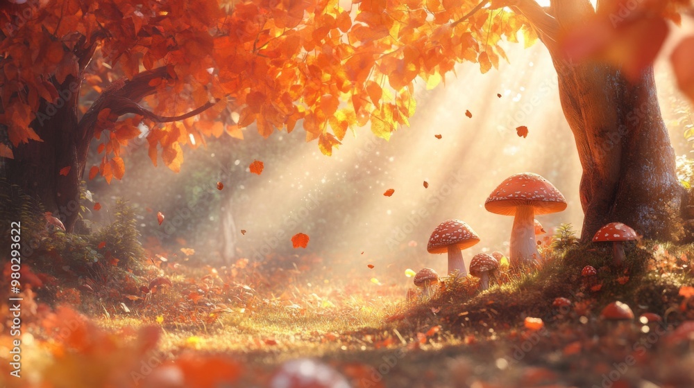Poster golden sunlight filters through colorful autumn leaves, illuminating a cluster of mushrooms nestled 