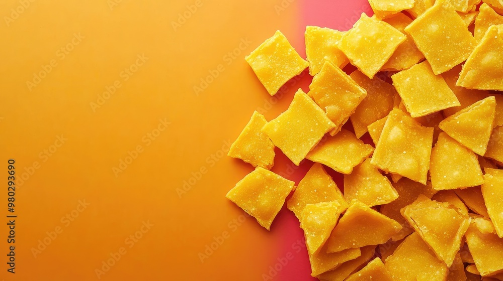Poster golden soan papdi pieces on a vibrant background with empty space for personalized festive messages.