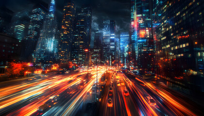 Obraz premium A bustling city at night, with skyscrapers illuminated and traffic creating streaks of light