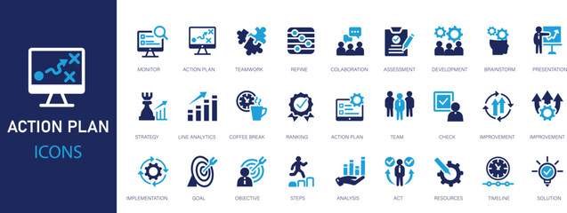 Action plan flat icons set. Goal, team, timeline, schedule, strategy, analysis, tasks, planning. Flat icon collection.