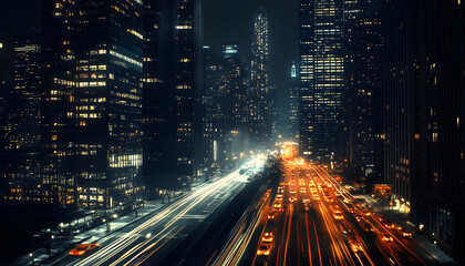 Obraz premium A bustling city at night, with skyscrapers illuminated and traffic creating streaks of light