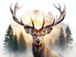 Naklejka premium Majestic deer with gentle eyes and subtle antlers appears in haunting double exposure on isolated white background, surrounded by eerie forest silhouette landscape.