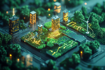 Obraz premium A futuristic cityscape featuring greenery, innovative buildings, and sustainable energy sources, illuminated in vibrant colors.