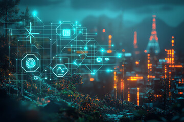 Obraz premium A futuristic cityscape illuminated with digital icons, representing technology, energy, and innovation in a modern landscape.