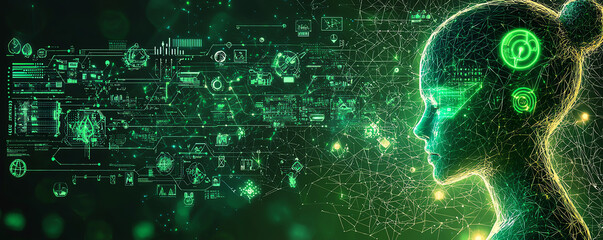 A futuristic digital illustration depicting a robotic head with glowing green patterns, symbolizing technology and innovation.