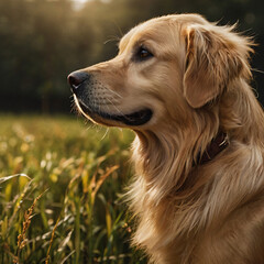 Realistic golden retriever portrait in a natural outdoor setting, for a pet food packaging design.