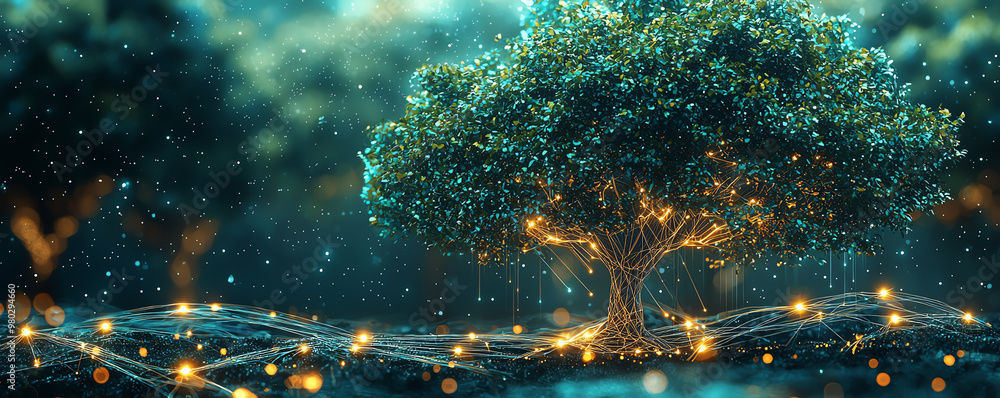 Poster a magical tree surrounded by glowing lights in a serene environment, creating an enchanting atmosphe