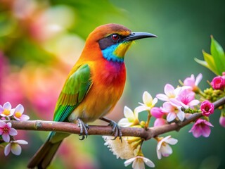 Obraz premium Vibrant tropical bird with bright plumage perches on a delicate flower-adorned branch against a soft blurred background, evoking a sense of serene natural beauty.