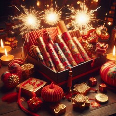 Fire Crackers in Chinese New Year Greeting Photo for Festive Spirit