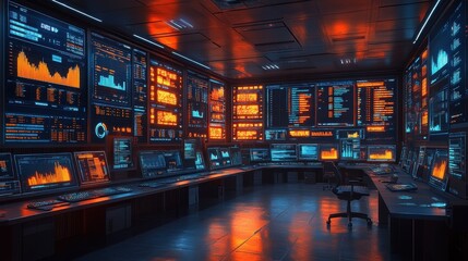 High-Tech Sports Analytics Office with Analysts Monitoring Real-Time Stats on Multiple Screens