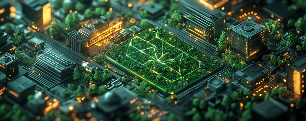 Aerial view of a vibrant urban landscape featuring a green sports field surrounded by modern buildings and lush vegetation.