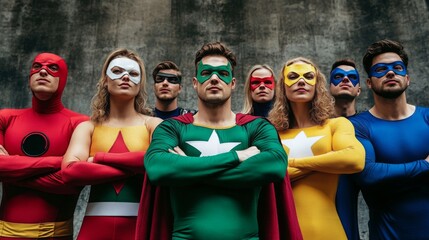 Seven people, dressed in superhero costumes, stand in a line with their arms crossed. They are wearing different colored suits and masks