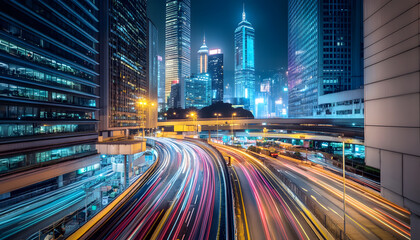Fototapeta premium A bustling city at night, with skyscrapers illuminated and traffic creating streaks of light