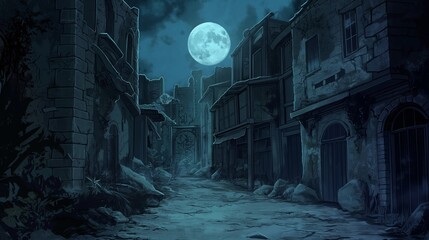 Obraz premium haunted halloween night by anime style in abandoned town