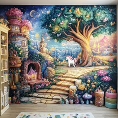 Fototapeta premium Magical Fantasy Mural with Unicorn Castle and Tree for Kids Room Decor