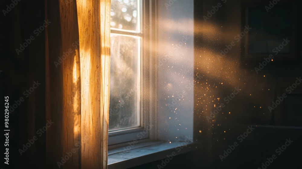 Aufkleber Golden rays of sunlight filter through an open window, casting light across the room, highlighting floating dust particles and creating a serene atmosphere in the early morning.