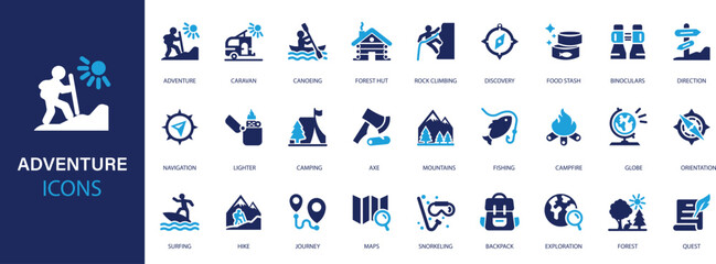Adventure flat icons set. Lifestyle, hike, risk, diving, running, jumping icons and more signs. Flat icon collection.