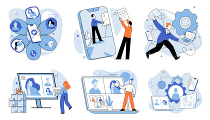 Fototapeta premium Online video meeting. Vector illustration. Cyberspace serves as backdrop for meaningful connections in virtual meetings The connection between participants is established through online video meetings