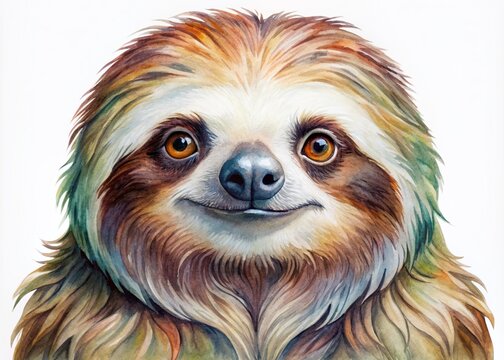 Vibrant watercolour illustration of an unau sloth isolated on a white background, showcasing its realistic fur texture and gentle facial expression in a hand-painted style.