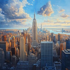 Cityscape with Skyscrapers  Clouds and River