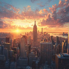 Naklejka premium Cityscape Skyline with Golden Hour Sunset