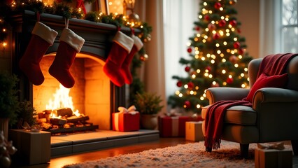 A cozy living room with a fireplace, Christmas stockings, and a decorated tree, creating a warm holiday atmosphere